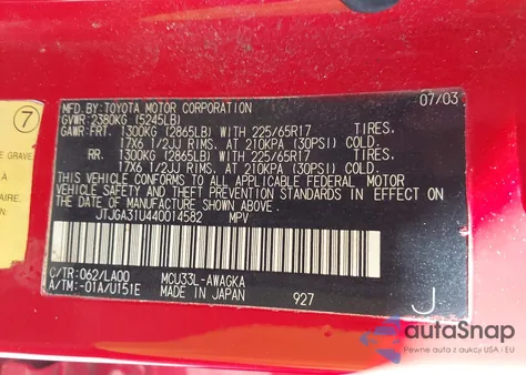 2004 Lexus Rx 330 from USA, damaged, VIN JTJGA31U440014582